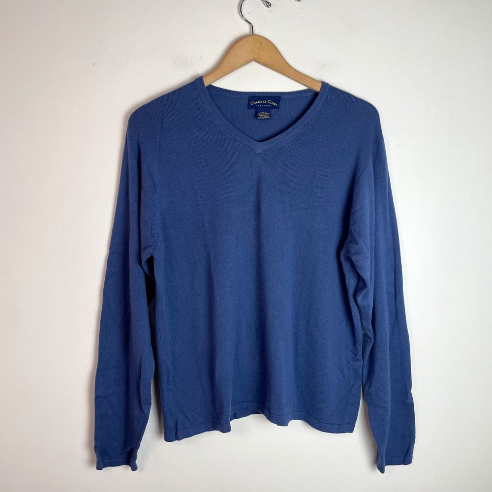 Cashmere V-Neck Sweater Large Blue Minimalist Tight Knit Business Casual Luxury